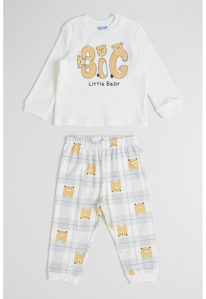 Pijama lunga din bumbac cu model - Alb/Gri cenusiu/Bej inchis