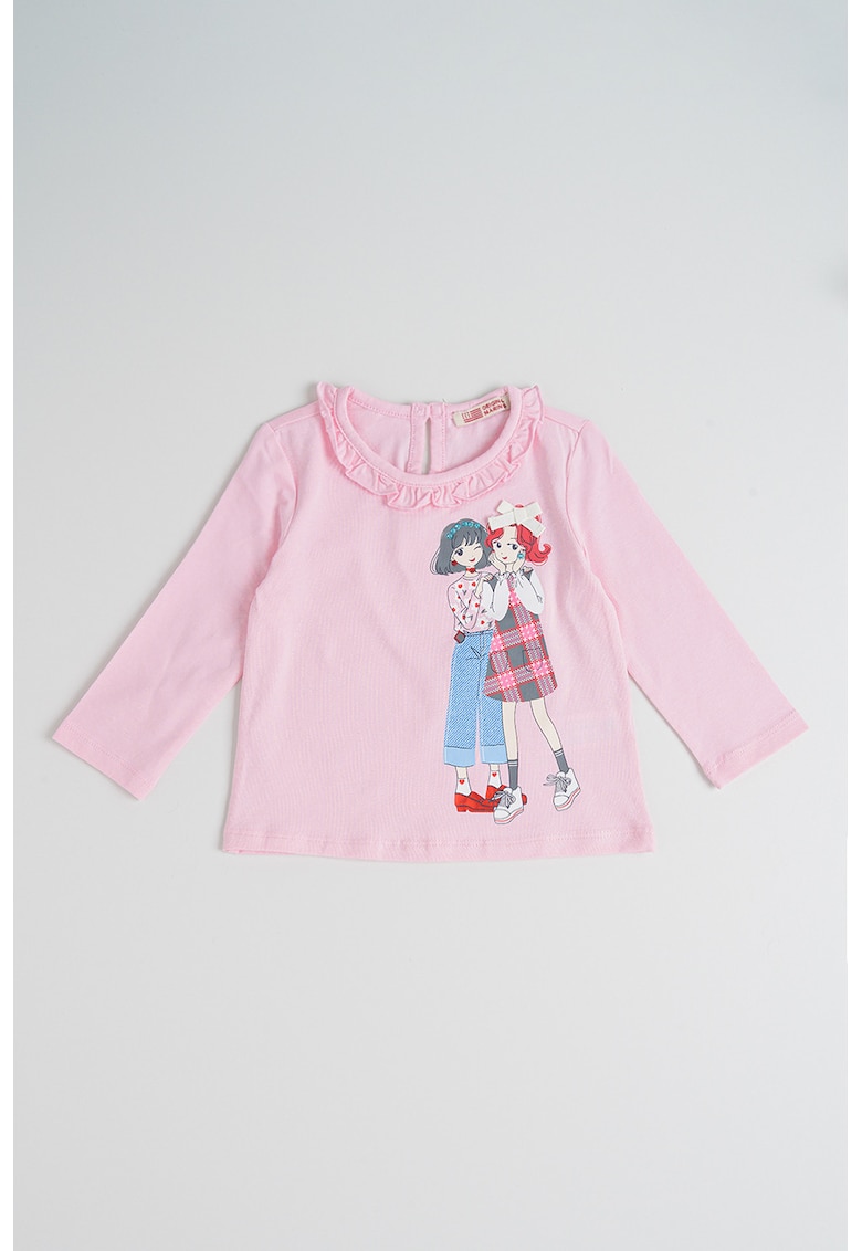 Bluza cu imprimeu si guler cu volane - Alb/Roz pastel/Albastru deschis