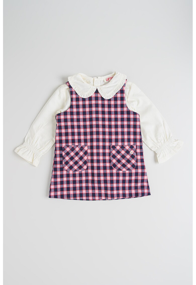 Set de bluza si rochie-sarafan cu model in carouri - 2 piese - Albastru inchis/Rosu inchis/Alb murdar