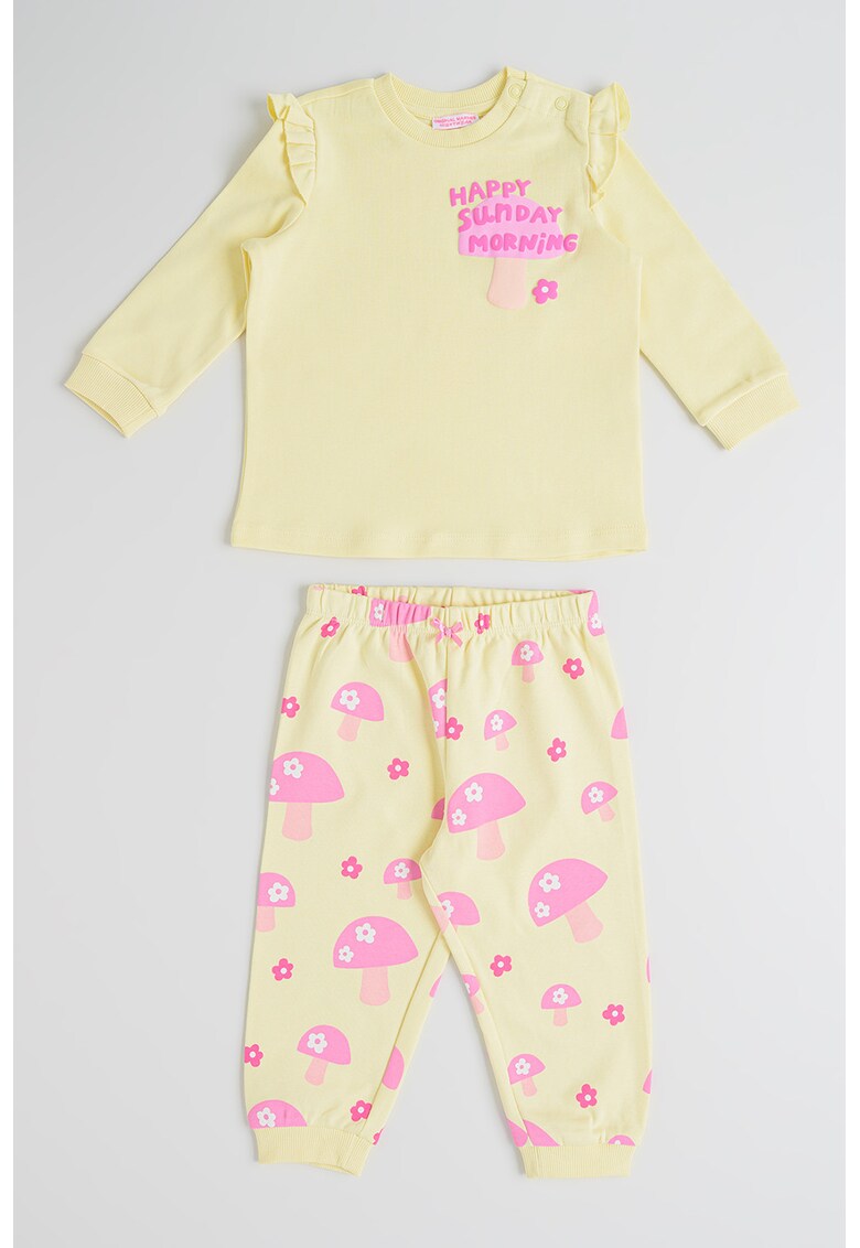 Pijama lunga cu model cu ciuperci - Galben pal