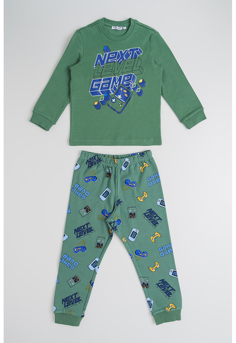 Pijama lunga din bumbac cu model grafic - Albastru inchis/Galben sofran/Verde aquamarin