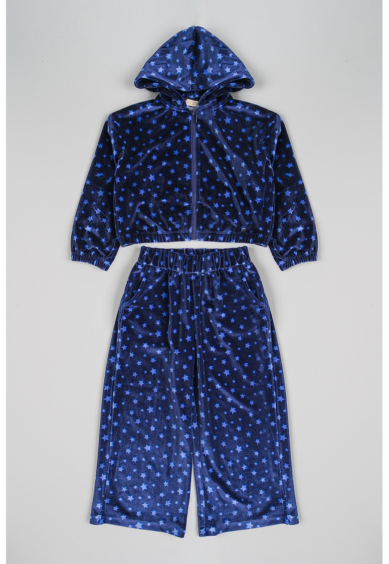 Set de hanorac catifelat cu fermoar si model si pantaloni de trening - 2 piese - Albastru deschis/Bleumarin