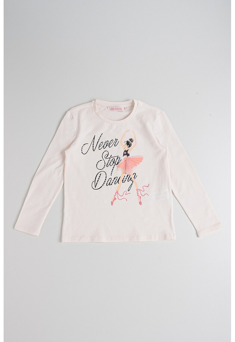 Bluza cu decolteu la baza gatului si imprimeu text - Negru stins/Alb murdar/Roz prafuit