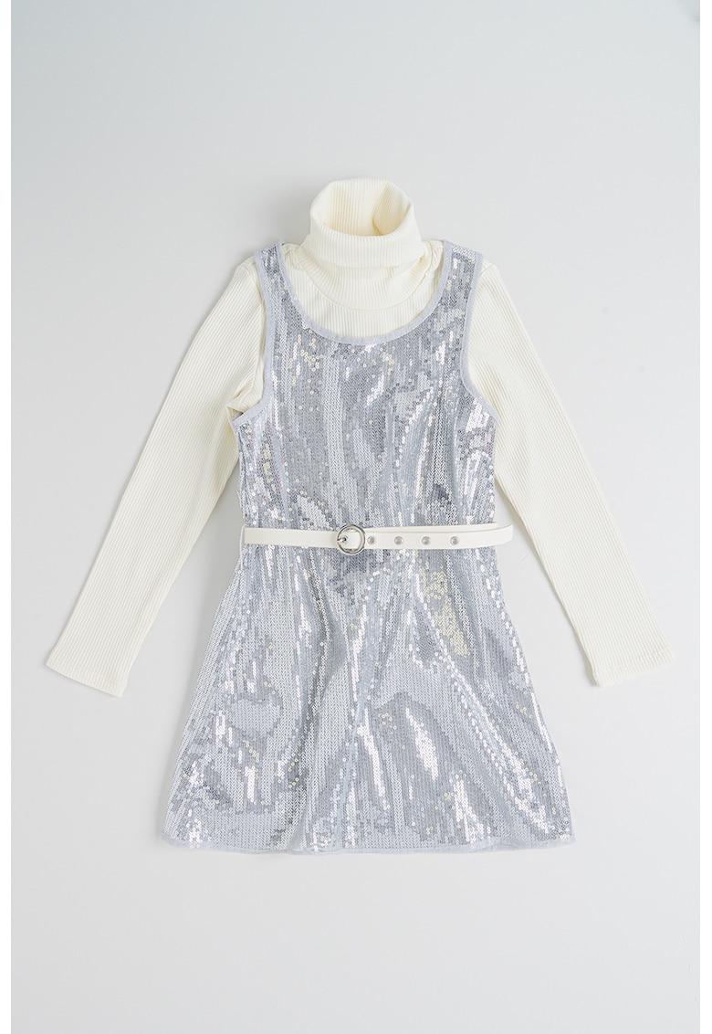 Set de rochie cu paiete si bluza striata cu guler inalt - Argintiu/Bej deschis