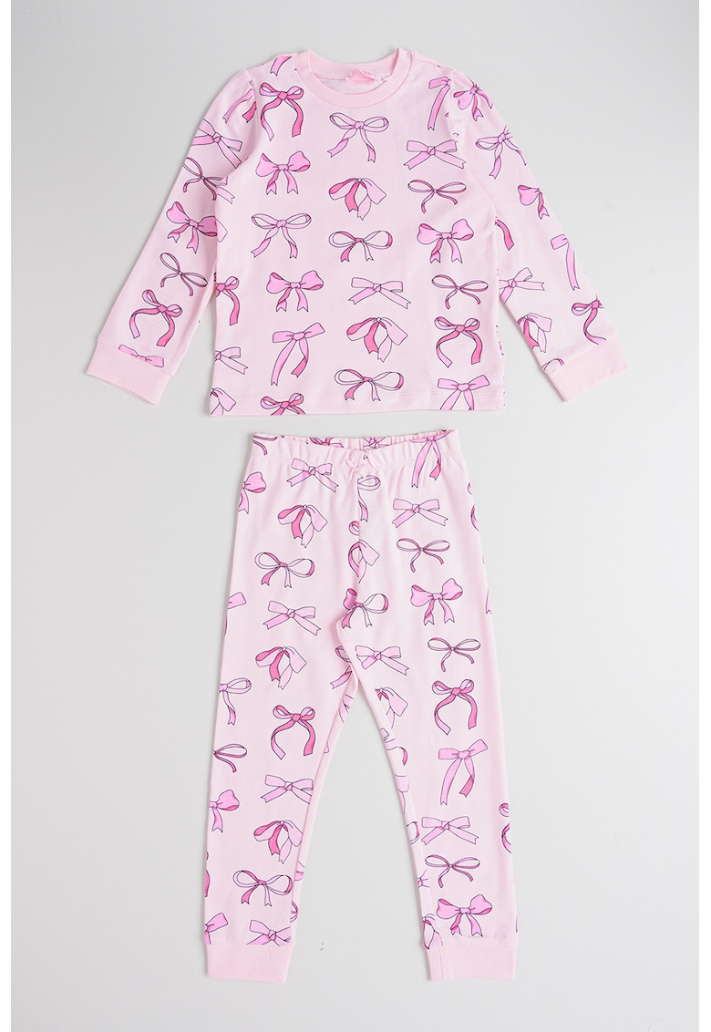 Pijama lunga cu imprimeu cu funda - Roz pastel