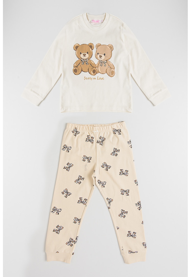 Pijama lunga cu model - Alb fildes/Negru/Maro deschis