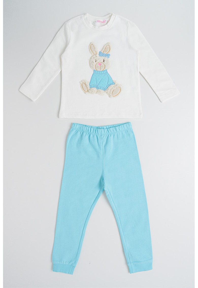 Pijama din bumbac cu imprimeu grafic frontal - Alb murdar/Albastru deschis