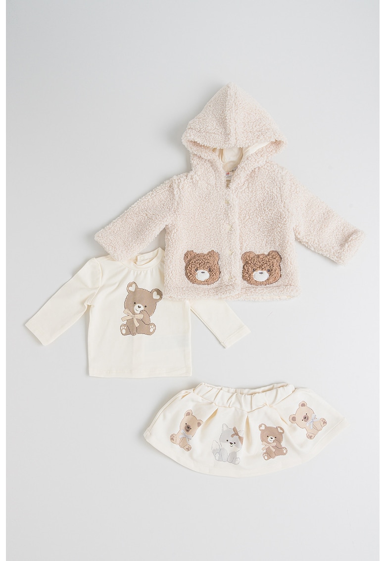 Set de jacheta din material teddy cu model - bluza si fusta - 3 piese - Bej deschis