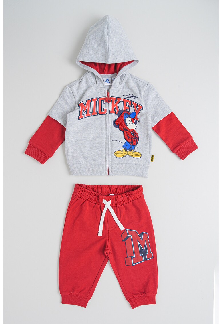 Set de hanorac cu imprimeu si fermoar si pantaloni de trening - 2 piese - Rosu/Gri melange/Albastru