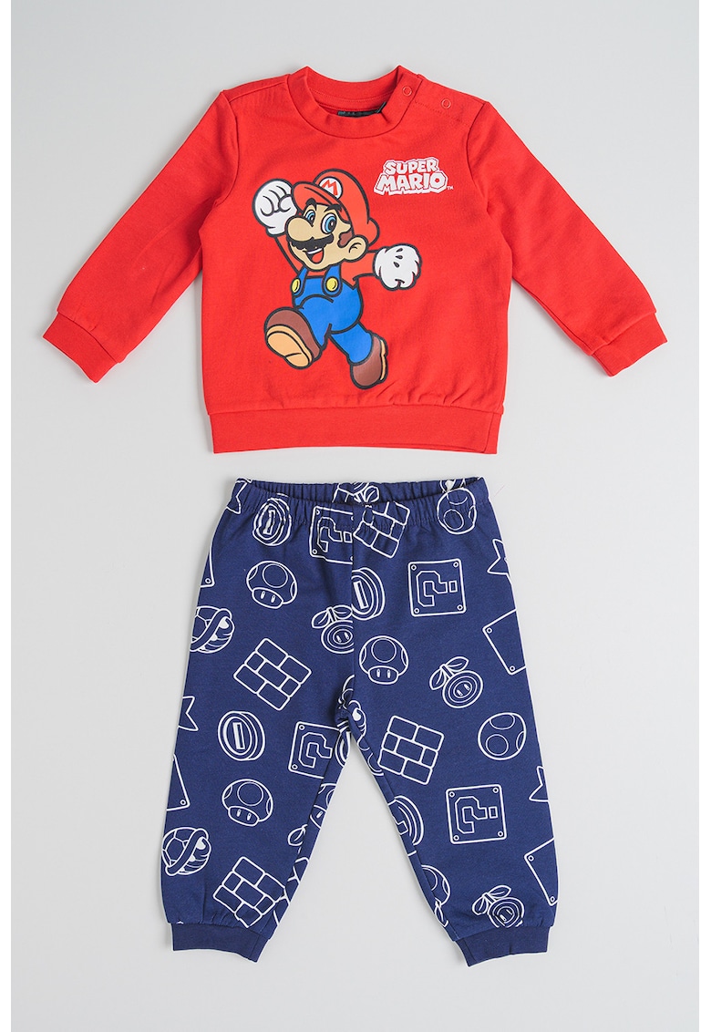 Pijama cu imprimeu si talie elastica Super Mario - Rosu/Albastru inchis/Alb murdar