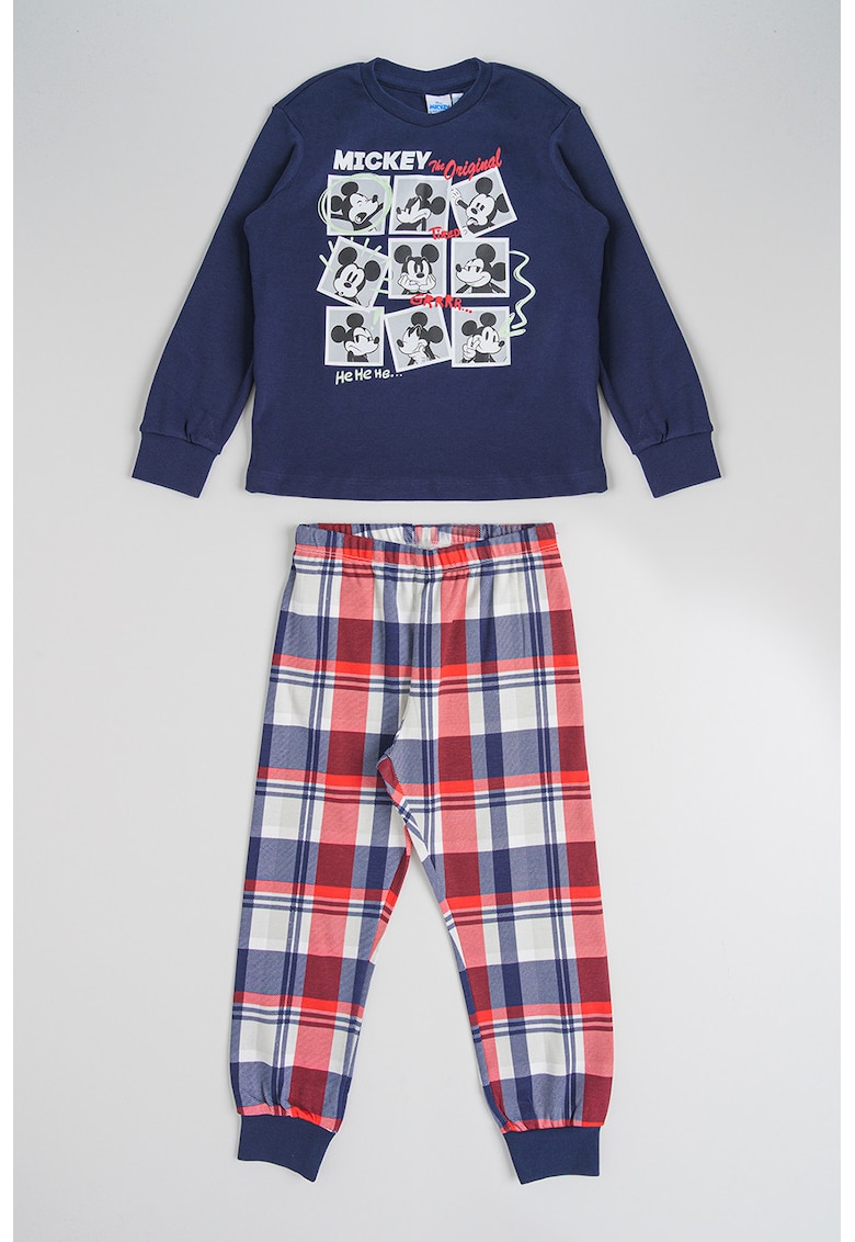 Pijama din bumbac cu model in carouri si imprimeu cu Mickey Mouse - Rosu/Alb/Bleumarin