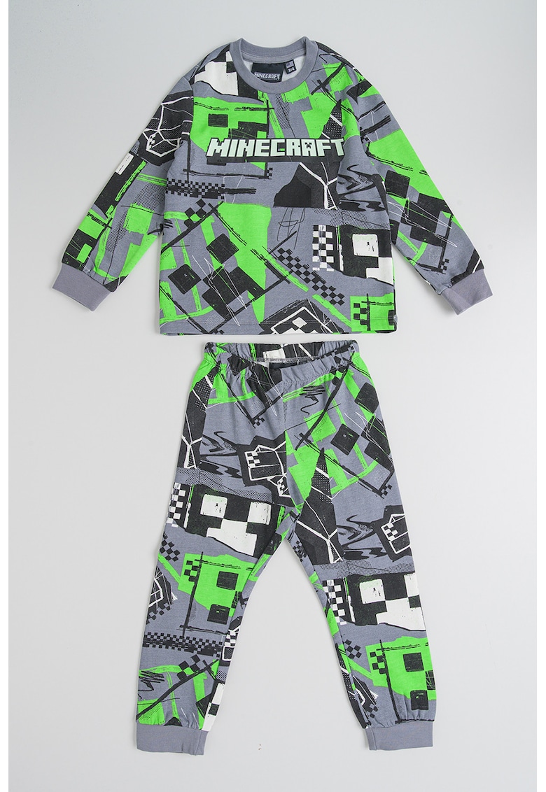 Pijama din bumbac cu model Minecraft - Verde neon/Negru/Gri inchis