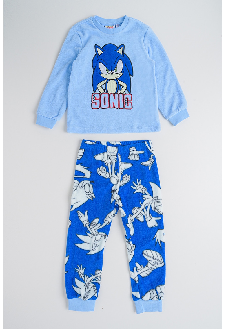 Pijama lunga din bumbac cu model Sonic - Albastru pastel/Albastru inchis/Alb murdar