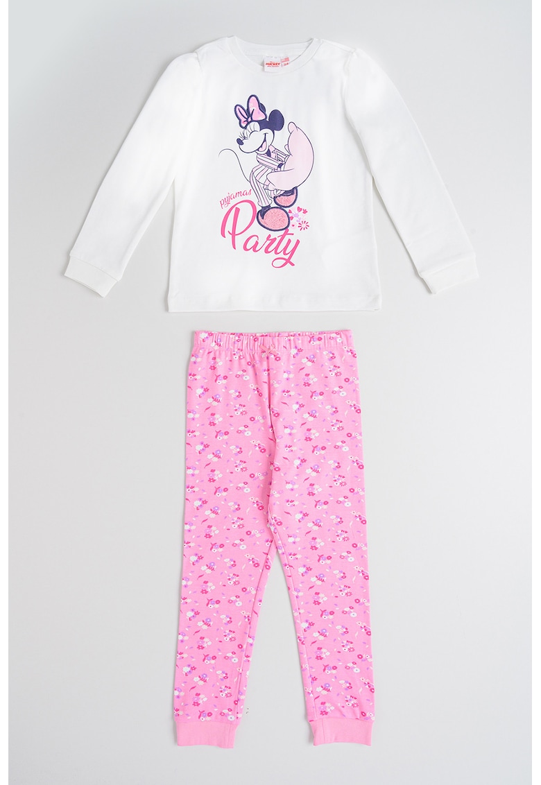 Pijama lunga din bumbac cu Minnie Mouse si imprimeu floral - Alb/Roz/Negru