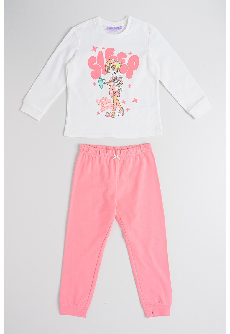 Pijama lunga din bumbac cu talie elastica - Roz pastel/Alb murdar