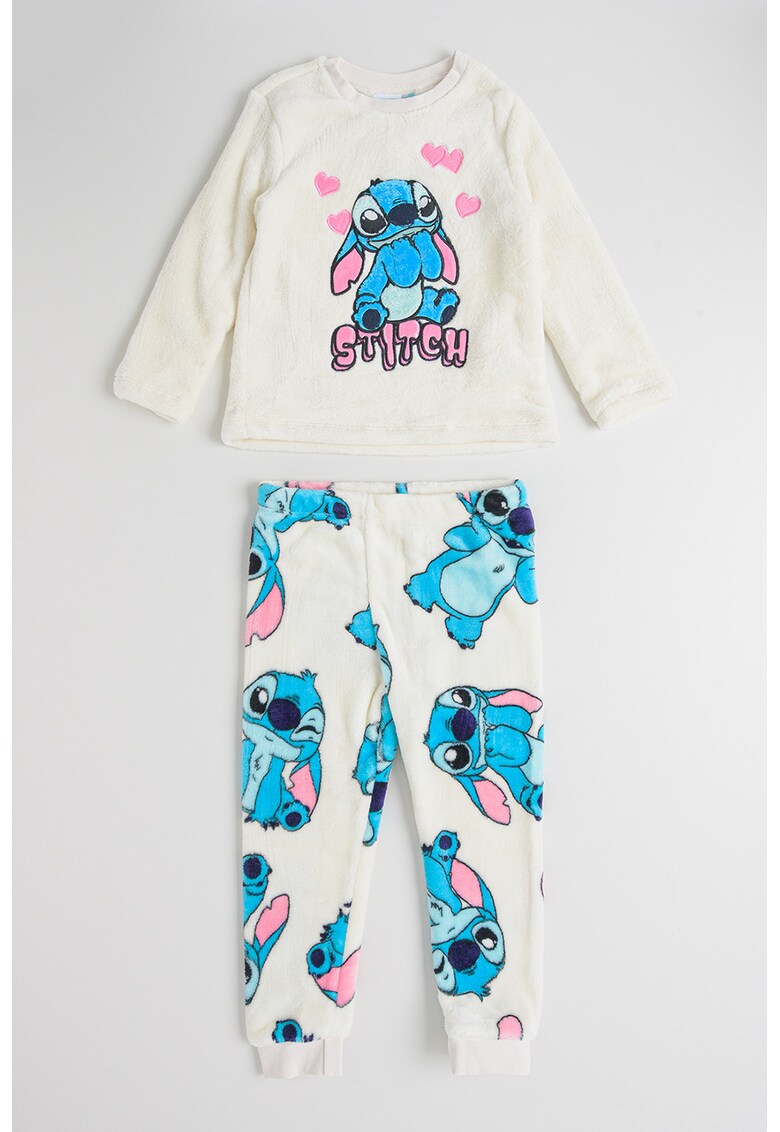 Pijama lunga din material teddy cu model cu Stitch - Alb/Roz pastel/Albastru deschis