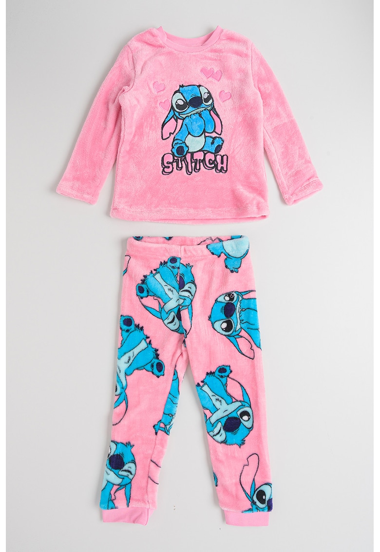 Pijama lunga din material teddy cu model cu Stitch - Alb/Roz pal/Albastru deschis