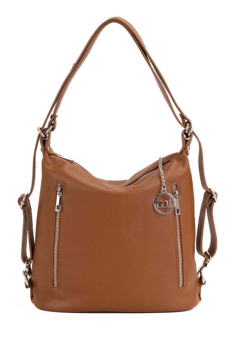 Geanta de piele cu bareta de umar si aspect texturat - Maro