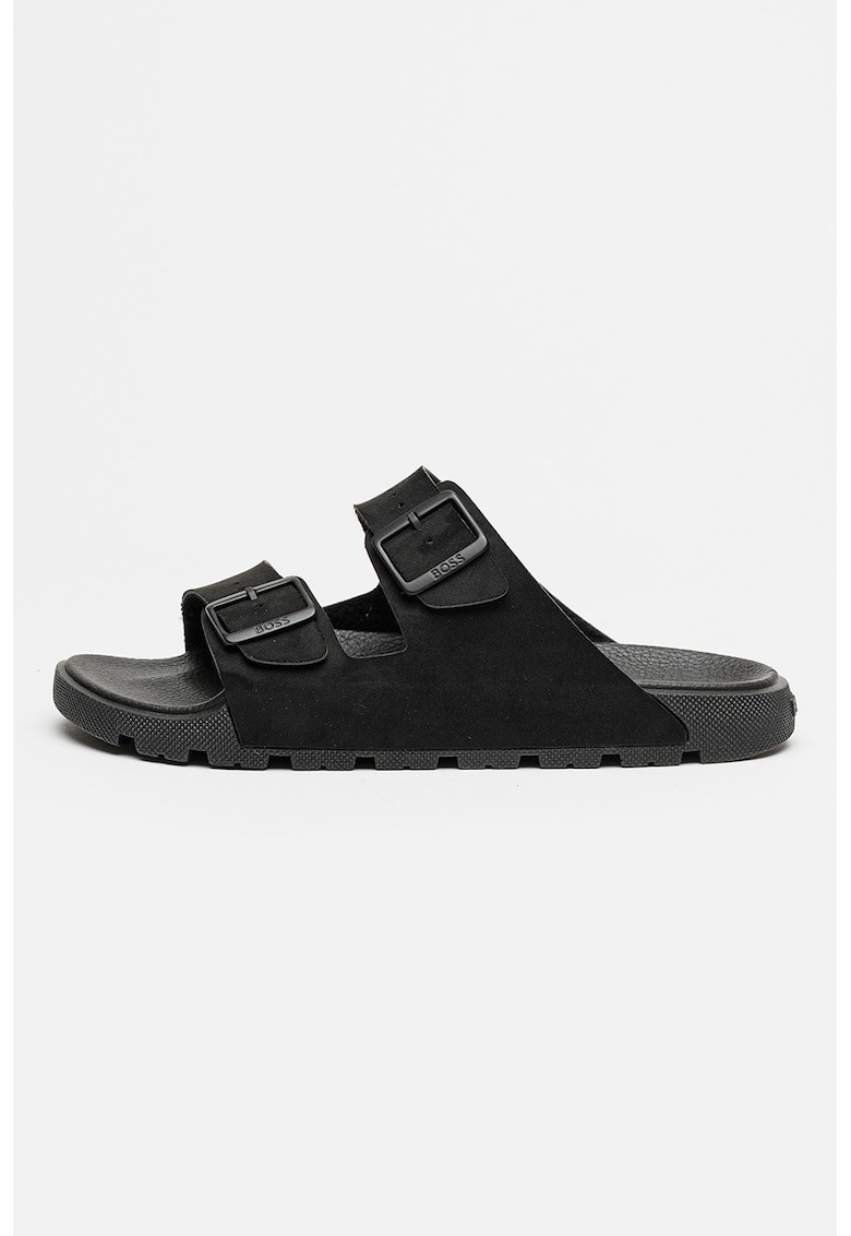 Papuci din piele intoarsa sintetica cu catarama Surfley - Negru