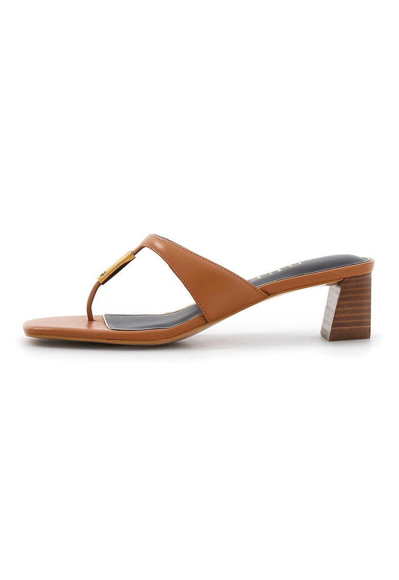Papuci flip-flop din piele cu toc masiv - Maro
