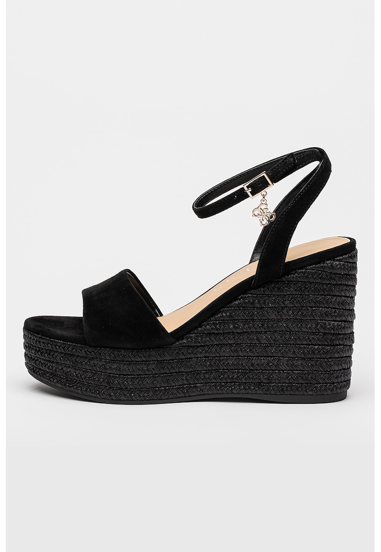 Sandale din piele intoarsa cu talpa wedge - Negru