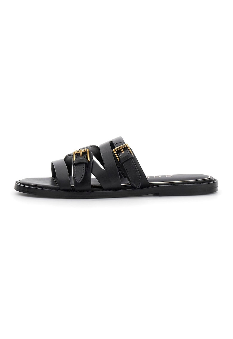 Papuci din piele cu barete multiple cu catarama - Negru