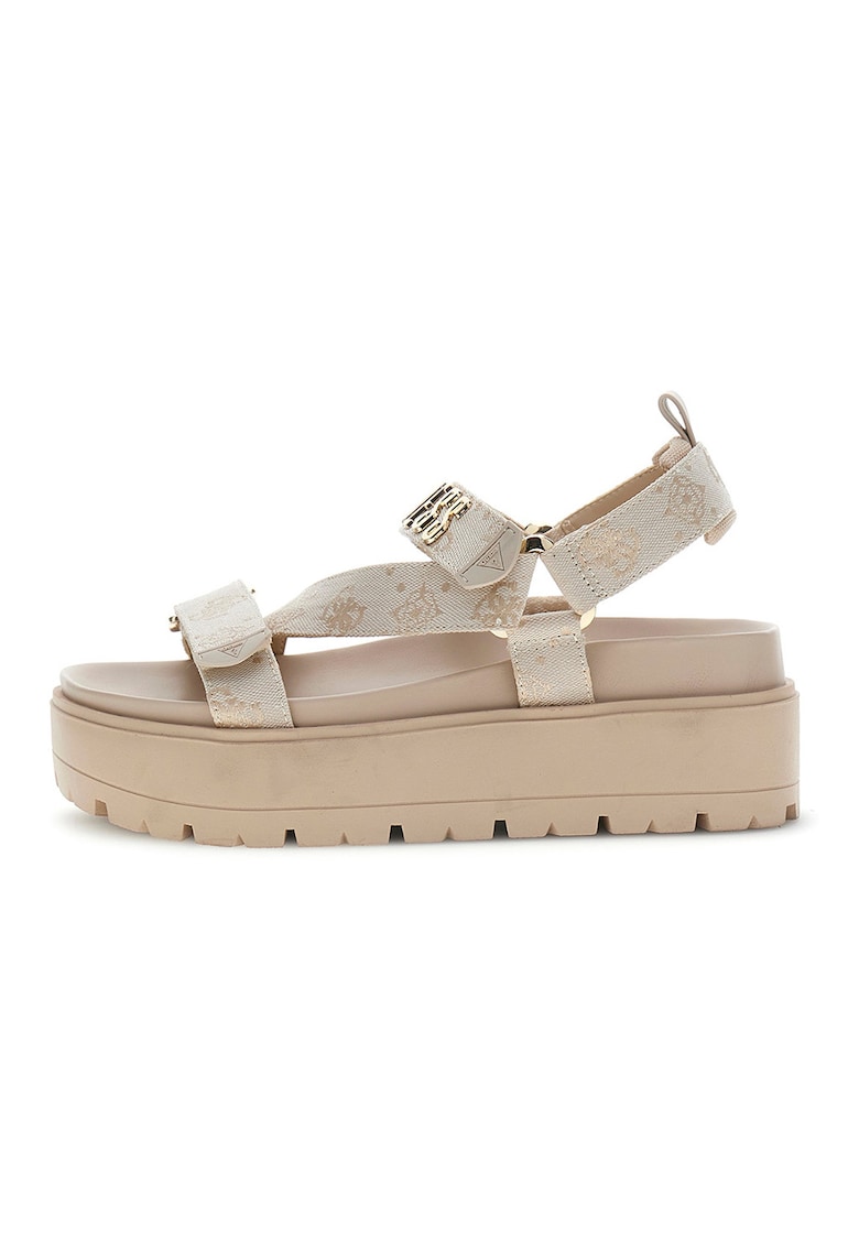 Sandale cu talpa wedge si logo - Bej deschis