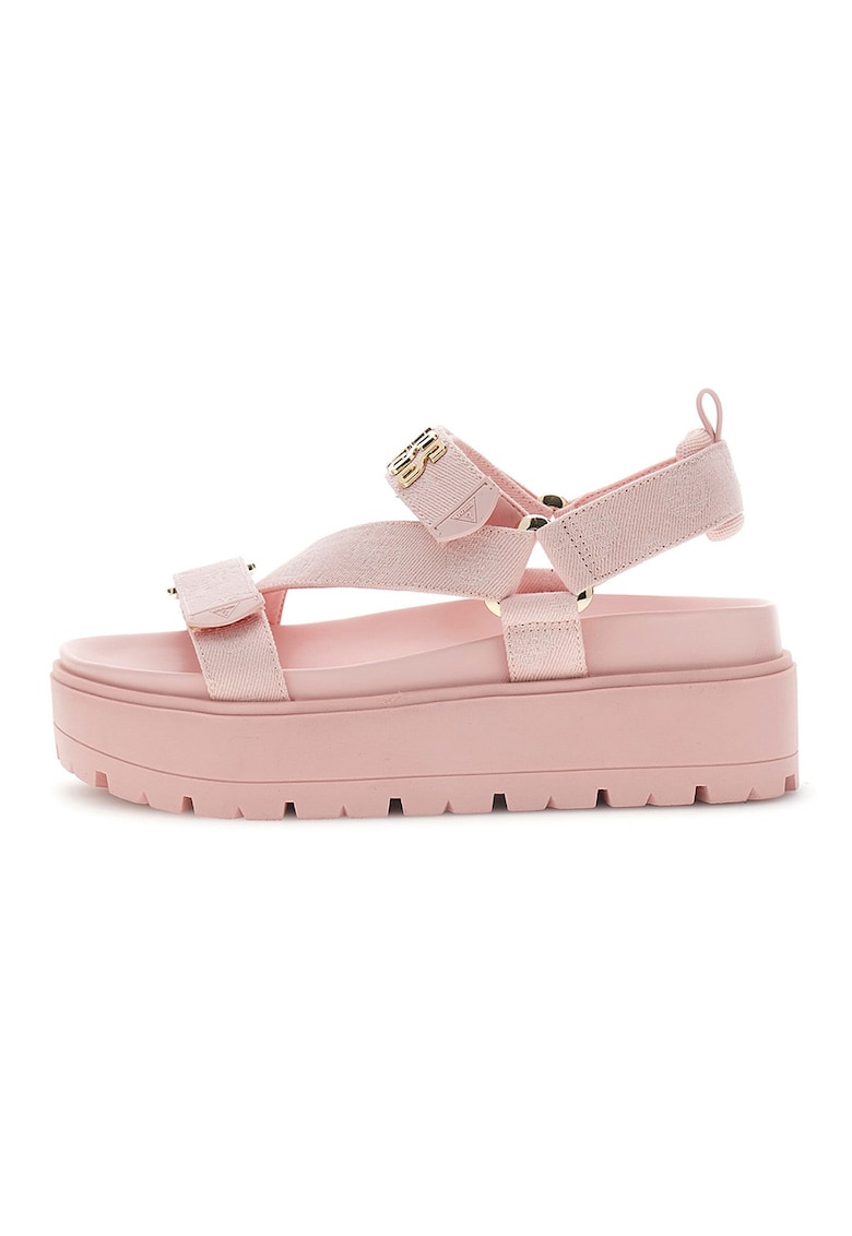 Sandale cu talpa wedge si logo - Roz