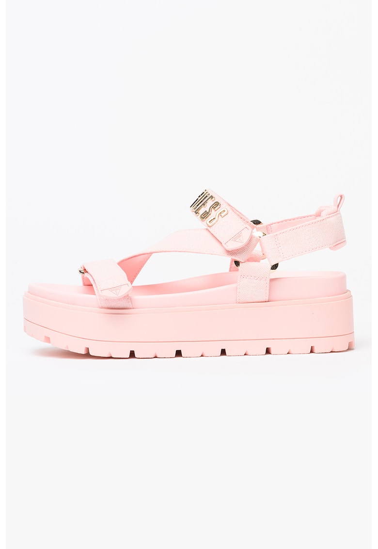 Sandale cu talpa wedge si logo - Roz