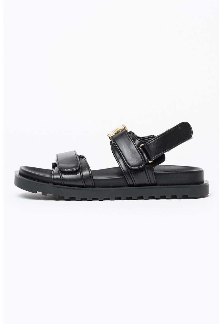 Sandale din piele ecologica cu logo - Negru