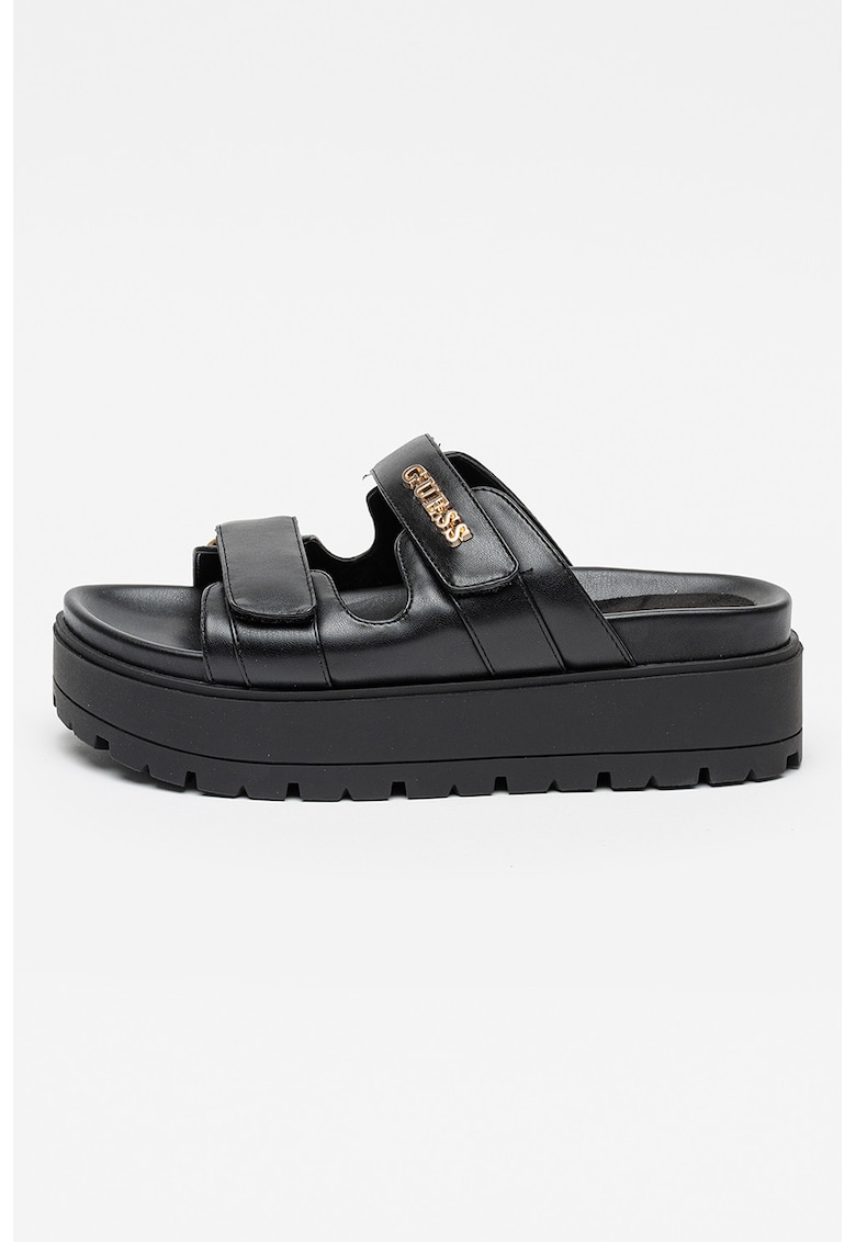 Papuci din piele ecologica cu talpa wedge - Negru