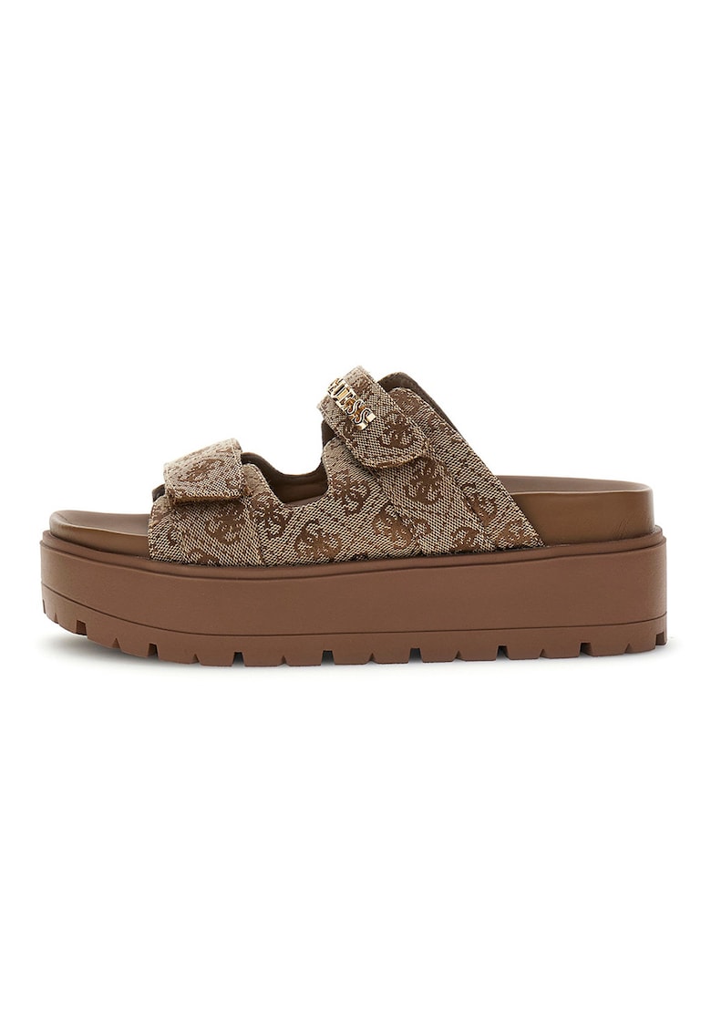 Papuci cu talpa flatform si imprimeu logo - Maro/Bej