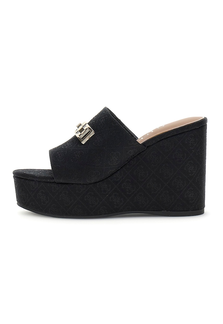 Papuci cu talpa wedge si logo - Negru