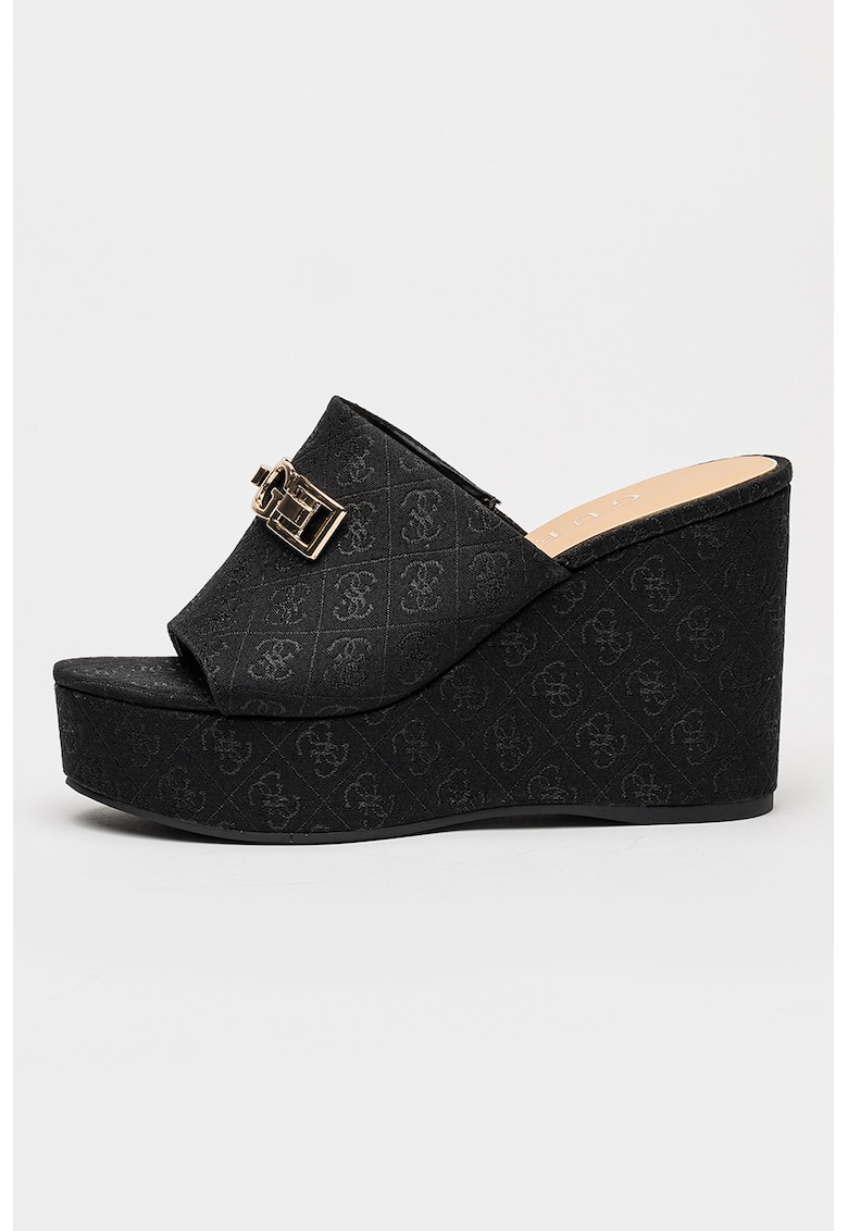 Papuci cu talpa wedge si logo - Negru
