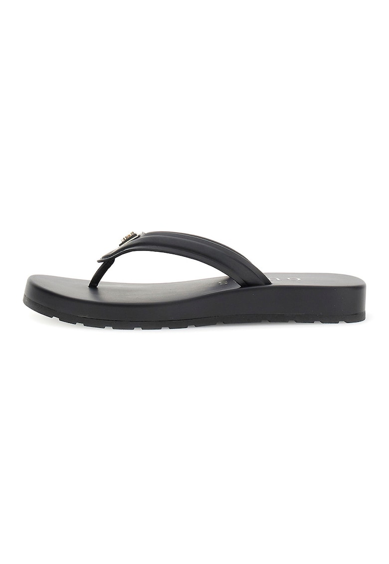 Papuci flip-flop din piele ecologica cu aplicatie cu logo - Negru