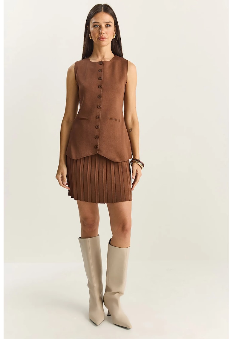 Set costum dama - vesta-fusta - maro cafea - tricot -