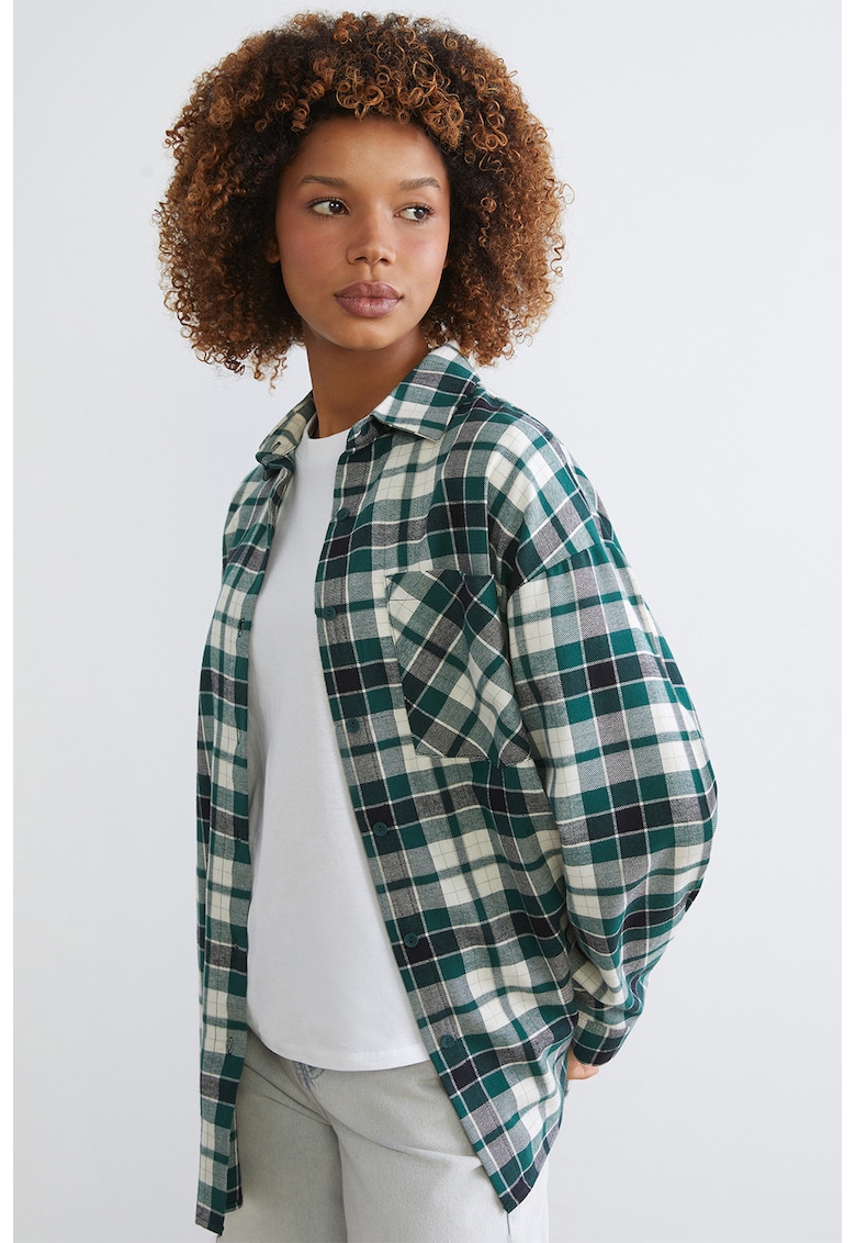 Camasa in carouri cu buzunar pe piept - Alb/Verde/Bleumarin