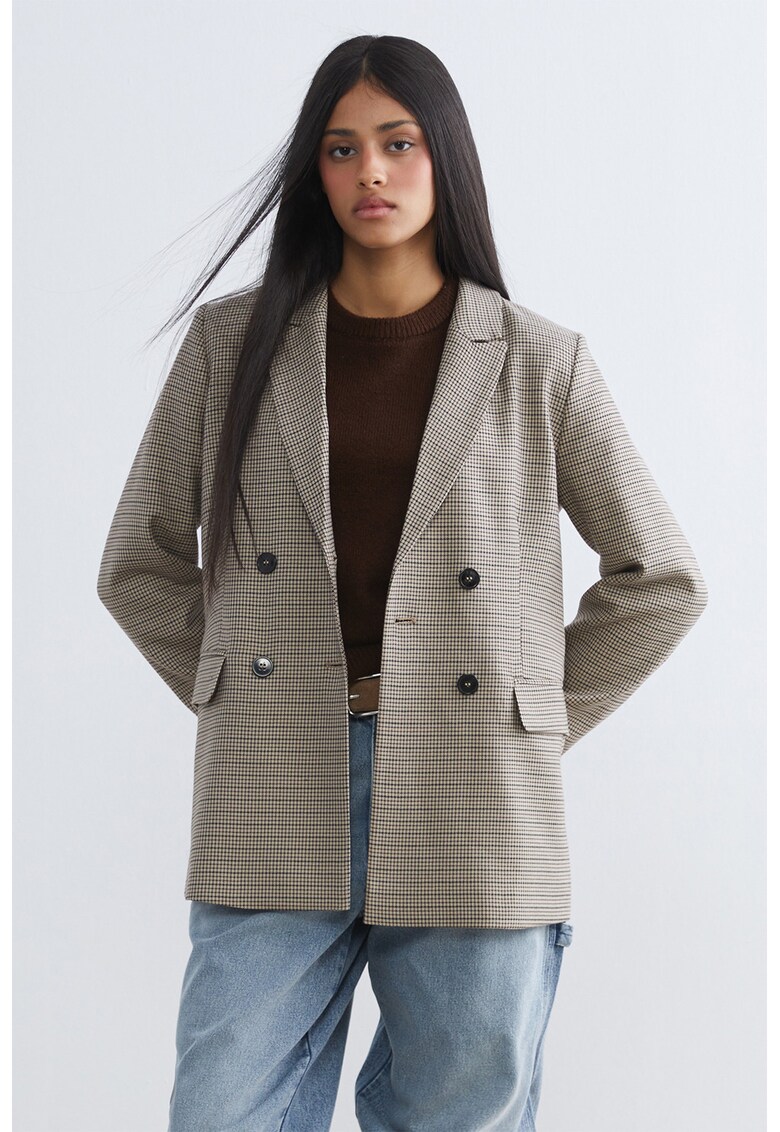 Sacou supradimensionat cu model houndstooth - Bej/Bleumarin