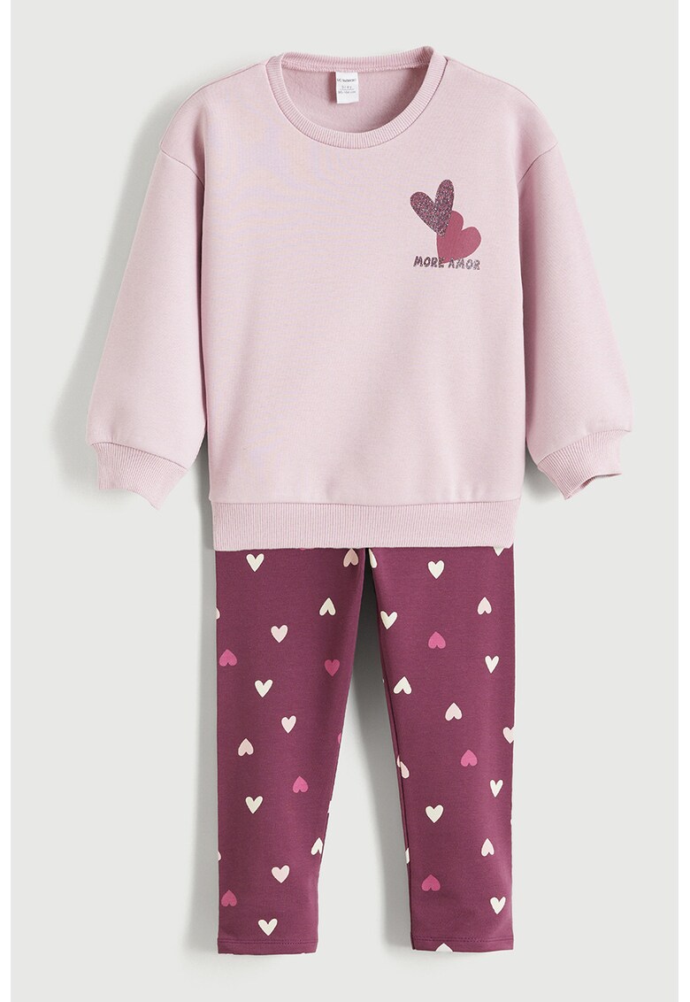 Set de bluza de trening cu imprimeu si colanti - 2 piese - Alb/Roz/Violet pruna