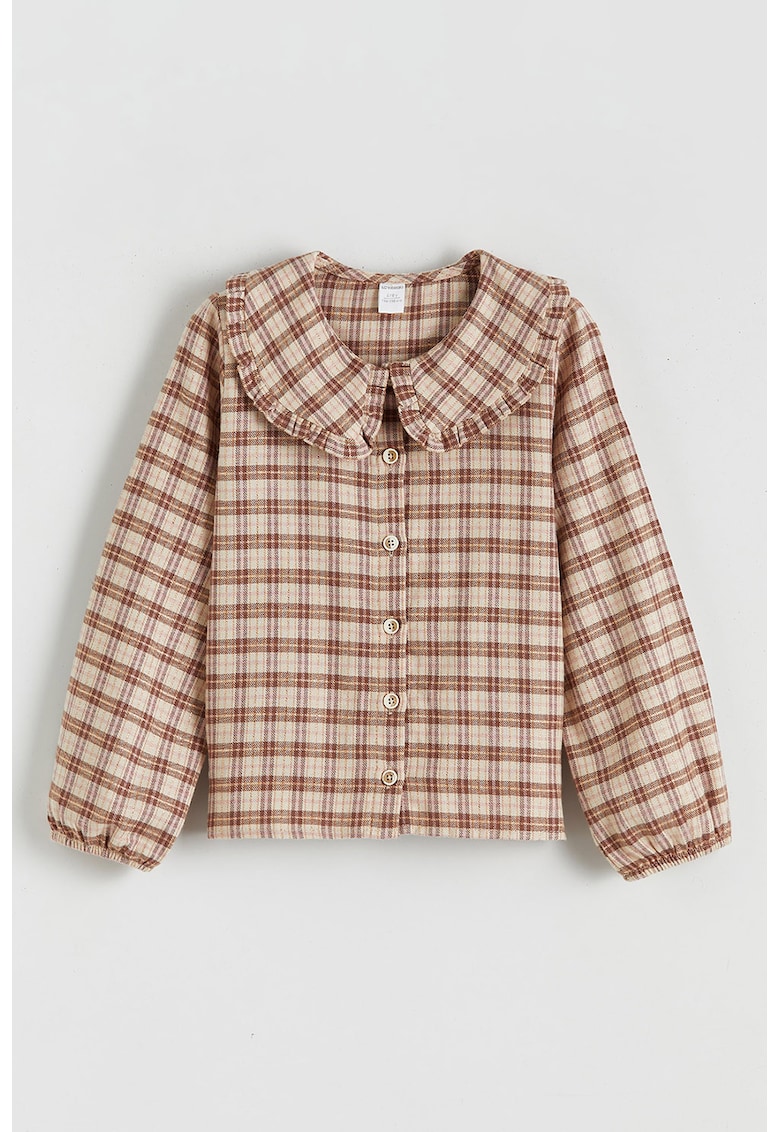 Camasa cu guler Peter Pan si model in carouri - Maro/Bej