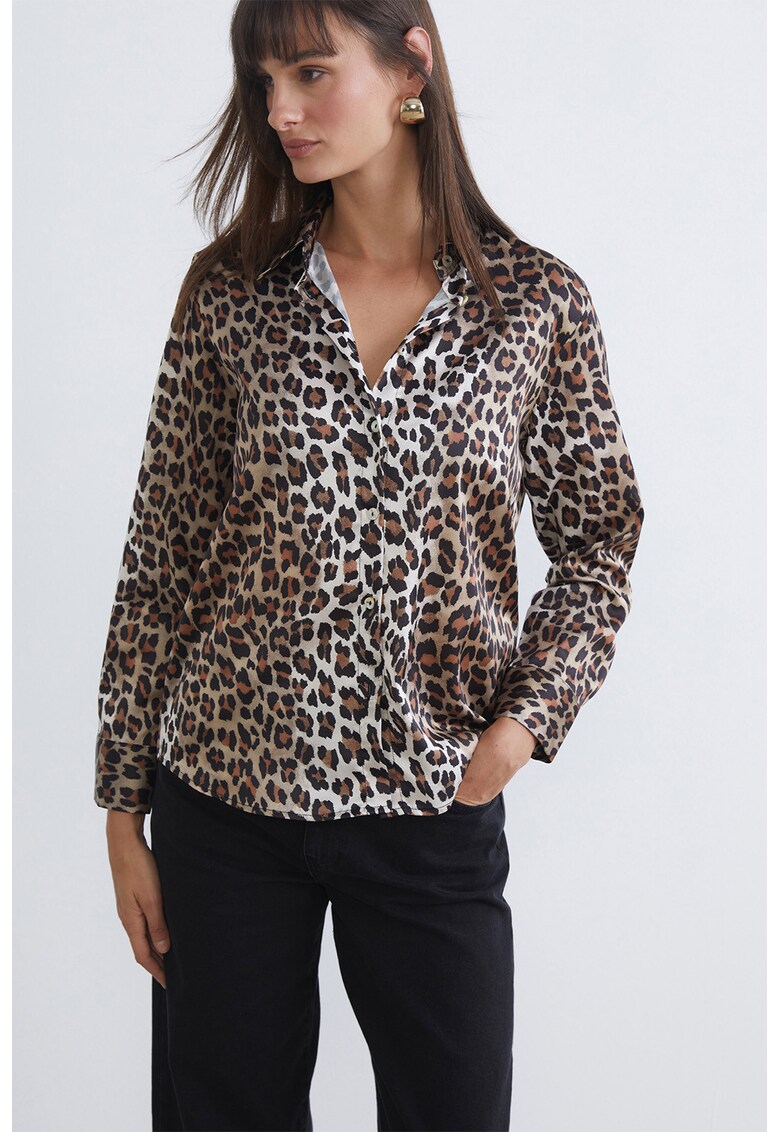 Camasa cu animal print si guler clasic - Alb/Verde masliniu/Negru