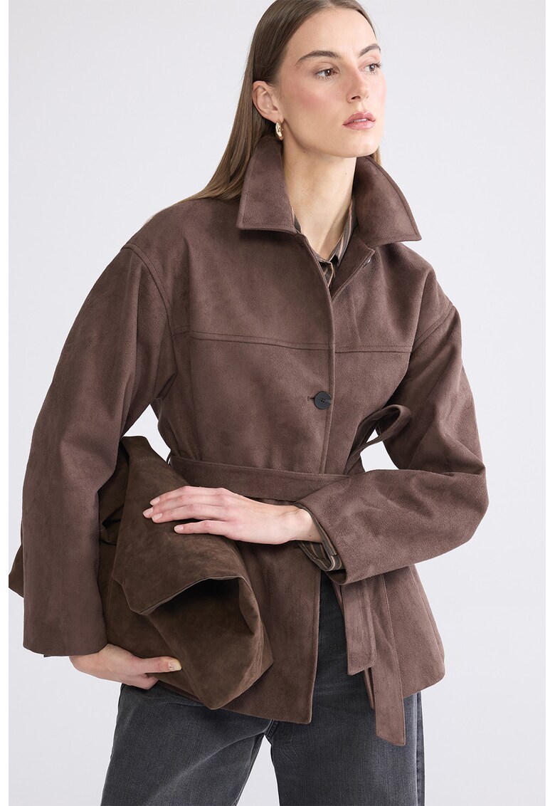 Jacheta uni cu maneci cazute si cordon in talie - Maro taupe