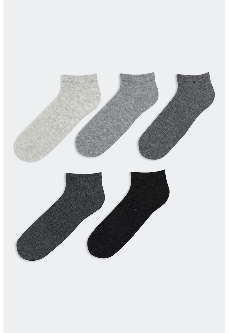 Set de sosete pana la glezna cu model uni - 5 perechi - Gri melange/Negru