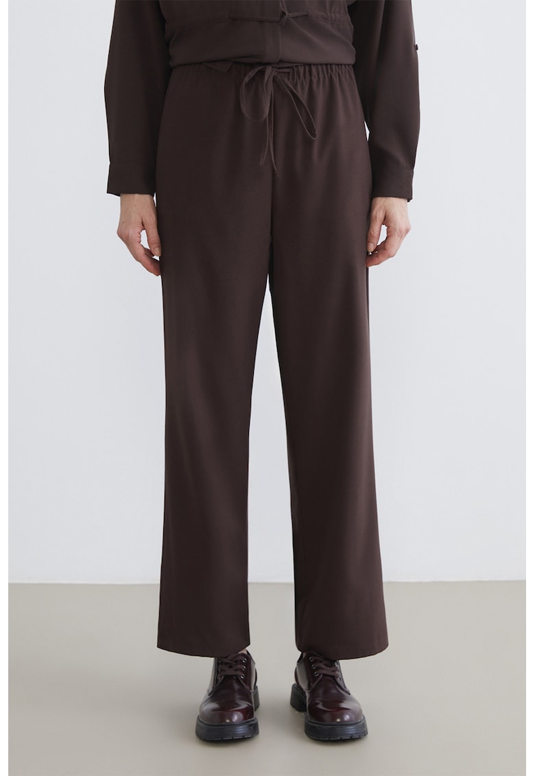 Pantaloni drepti relaxed fit cu talie elastica cu snuri - Maro inchis