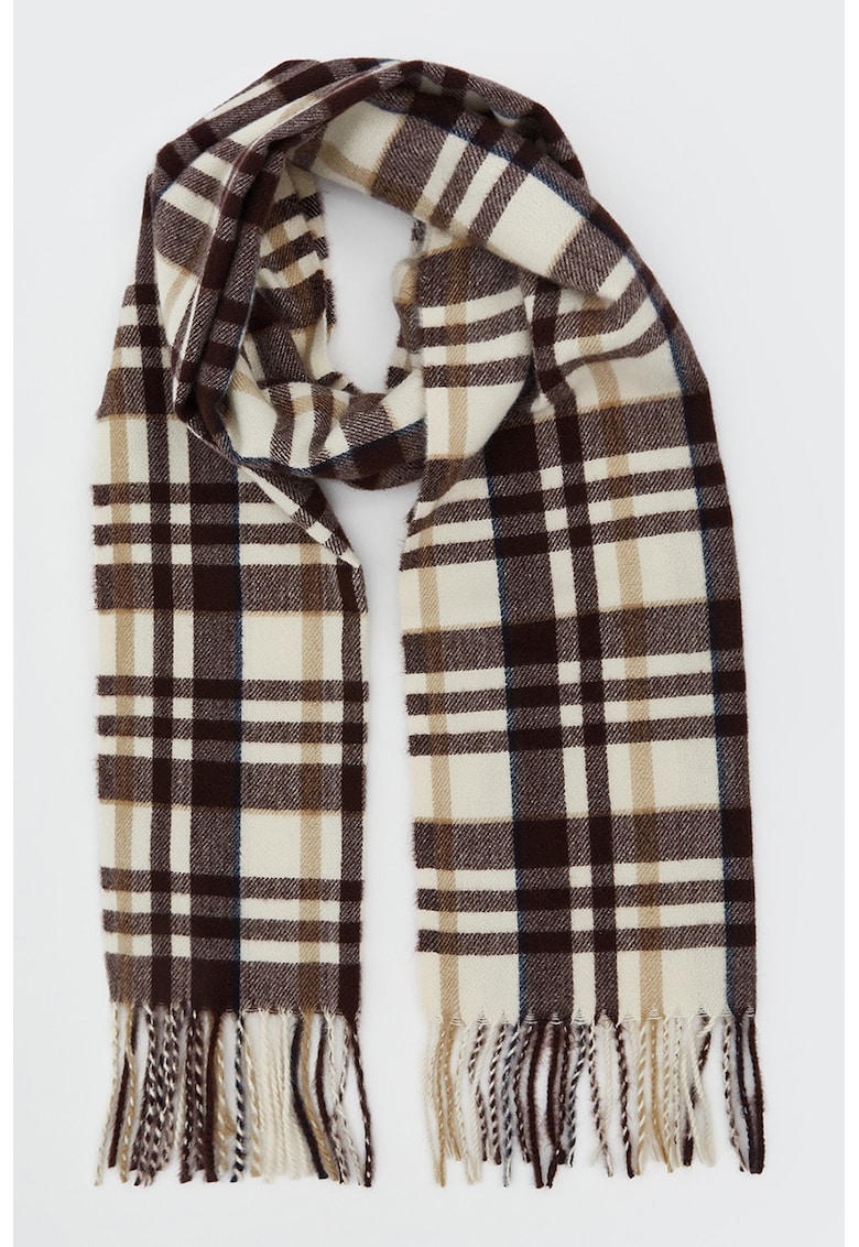 Esarfa cu model in carouri si franjuri - Maro inchis/Bej