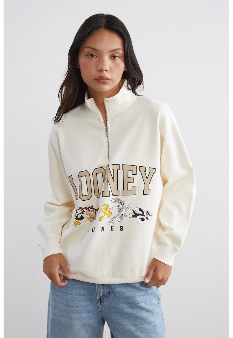 Bluza de trening cu croiala lejera - guler cu fermoar scurt si imprimeu Looney Tunes - Bej