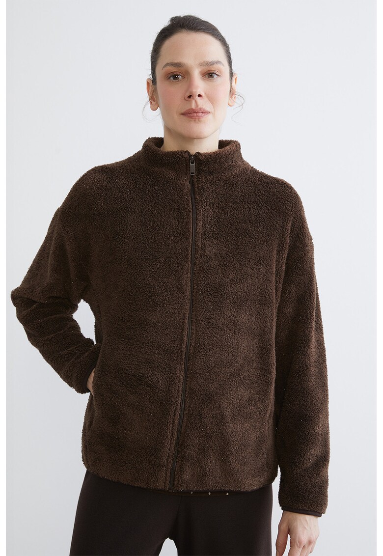 Jacheta din material teddy cu maneci cazute - Maro inchis