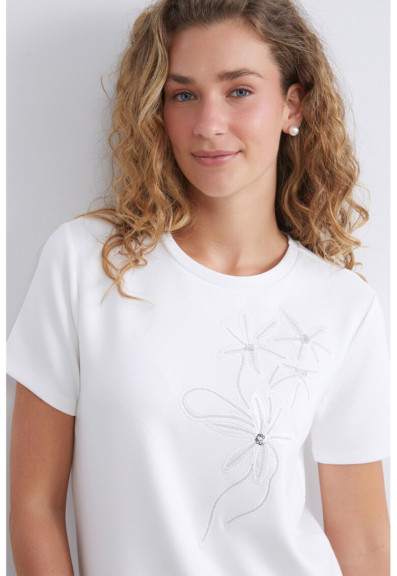 Tricou cu broderie florala - Alb