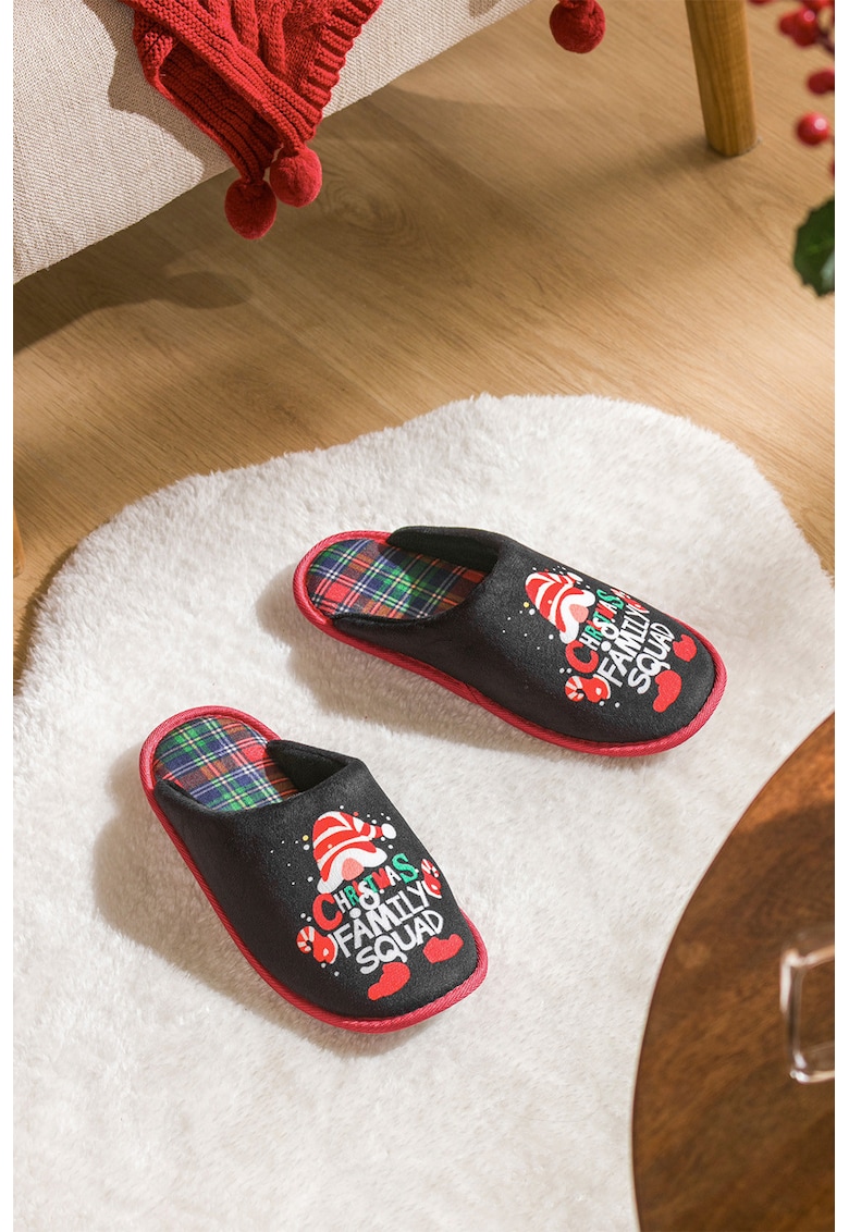 Papuci cu model tematic de Craciun - Rosu/Gri inchis