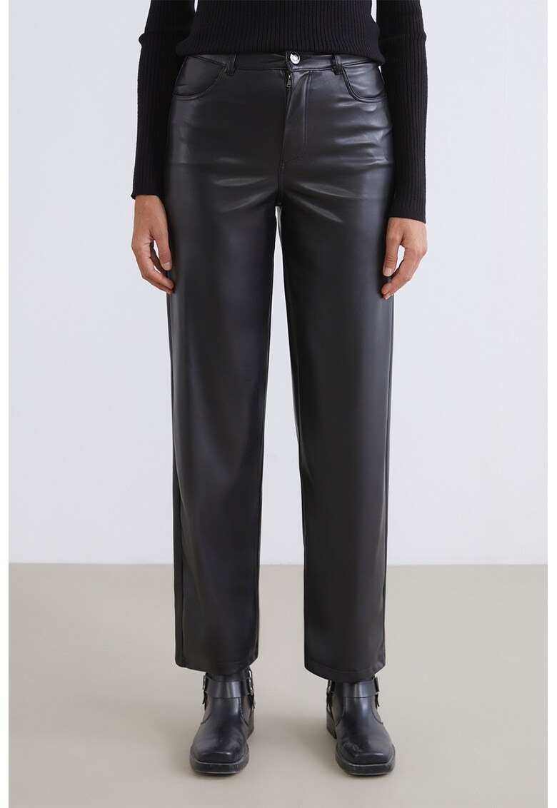 Pantaloni drepti din piele ecologica - Negru